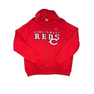 Majestic Cincinnati Reds Full Zip Hoodie Red Distressed Lettering Men's 2XL